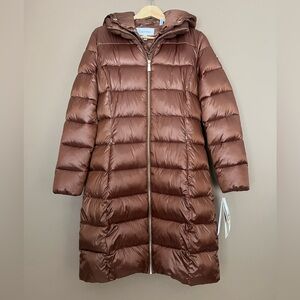 {Calvin Klein} Water Resistant Hooded Long Puffer Coat in Pecan - Womens Small